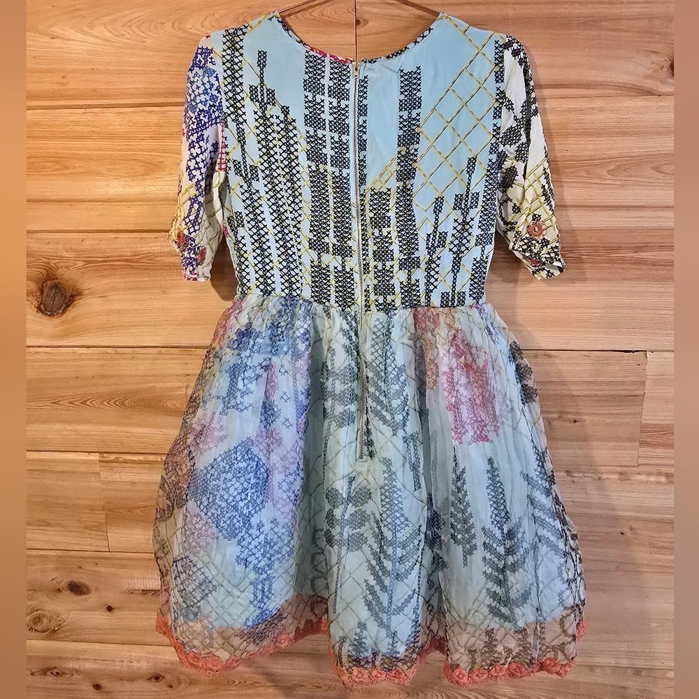 3359 Hemant & Nandita 100% Silk Boho Patchwork Mini Dress Lined Fit & Flare Sz 4 - Picture 3 of 9